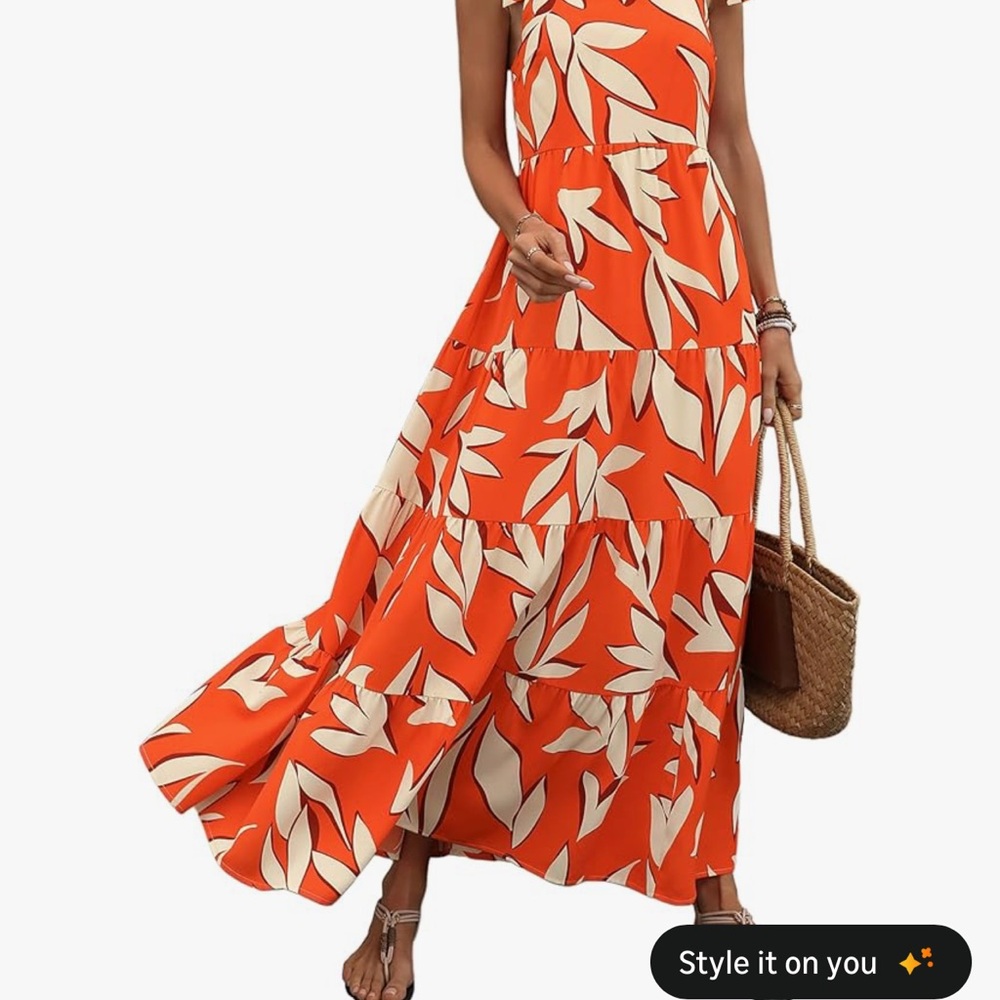 Vibrant Orange and Cream Leaf Maxi Dress